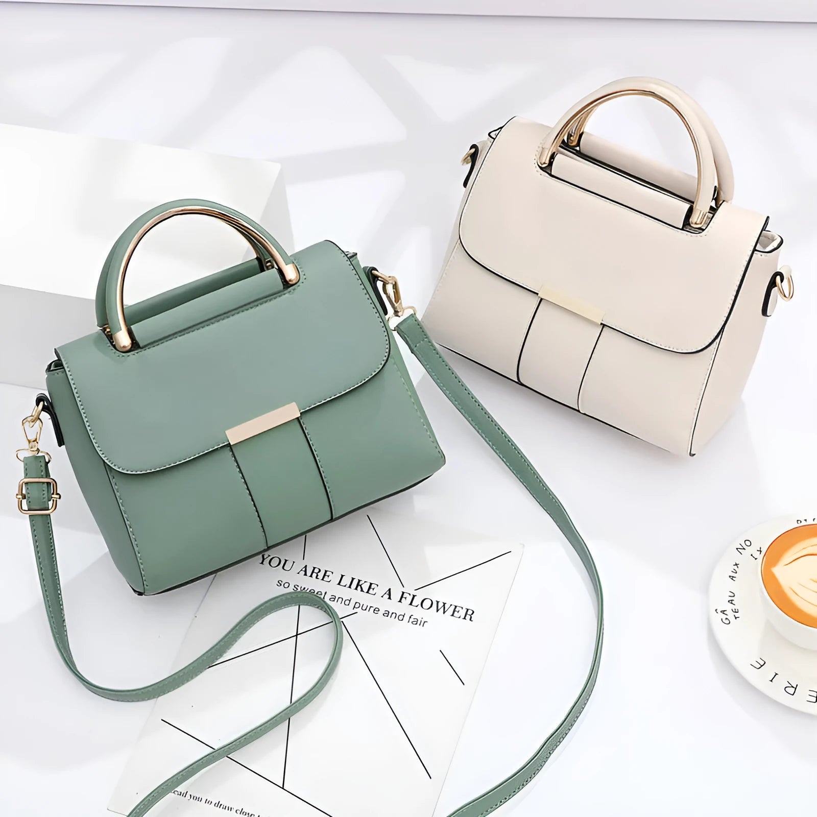 Medium PU women's shoulder messenger bag, horizontal square shape, cover opening, available in six colours including black and khaki