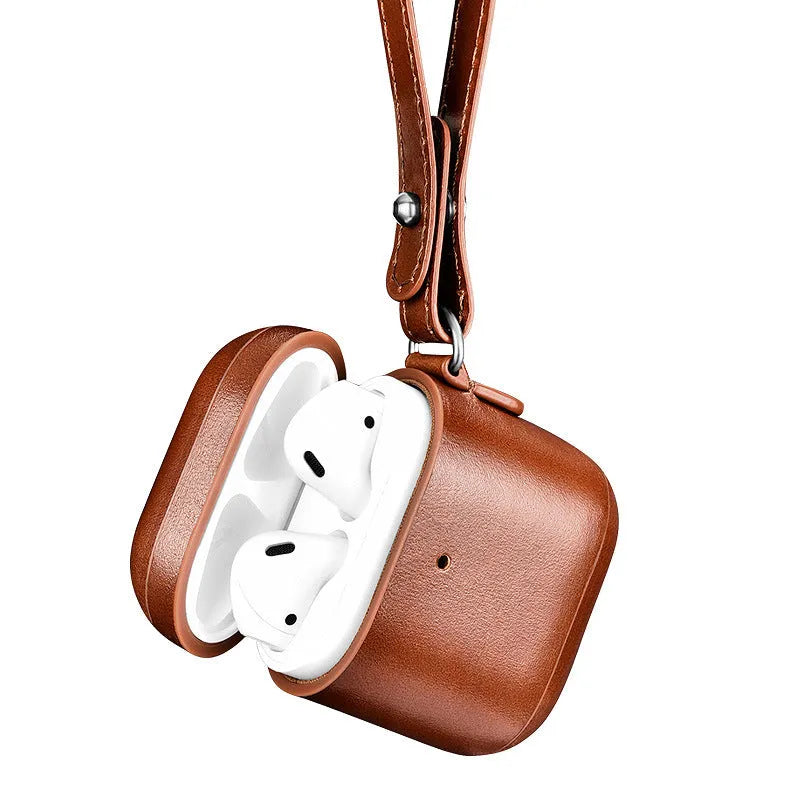 Brown leather and plastic flip protective sleeve for AirPods Pro with ring buckle