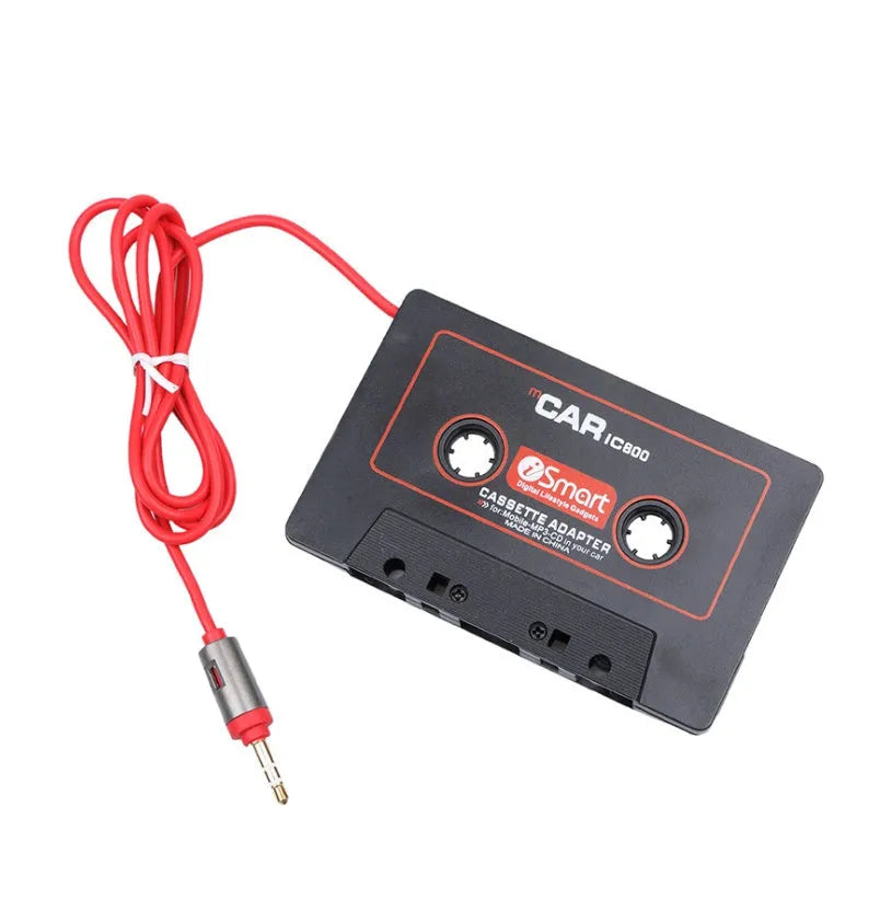 Black cassette adapter with 3.5mm jack plug for connecting MP3 players to car cassette decks