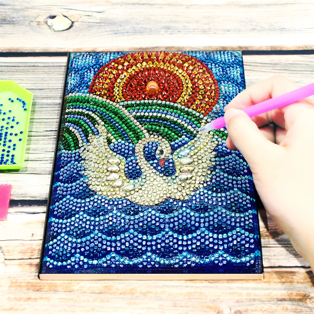 A5 notebook 142x207x8mm with 50 pages, diamond painting notebook in black, blue, butterfly, flower, owl, peacock, and snowman designs.