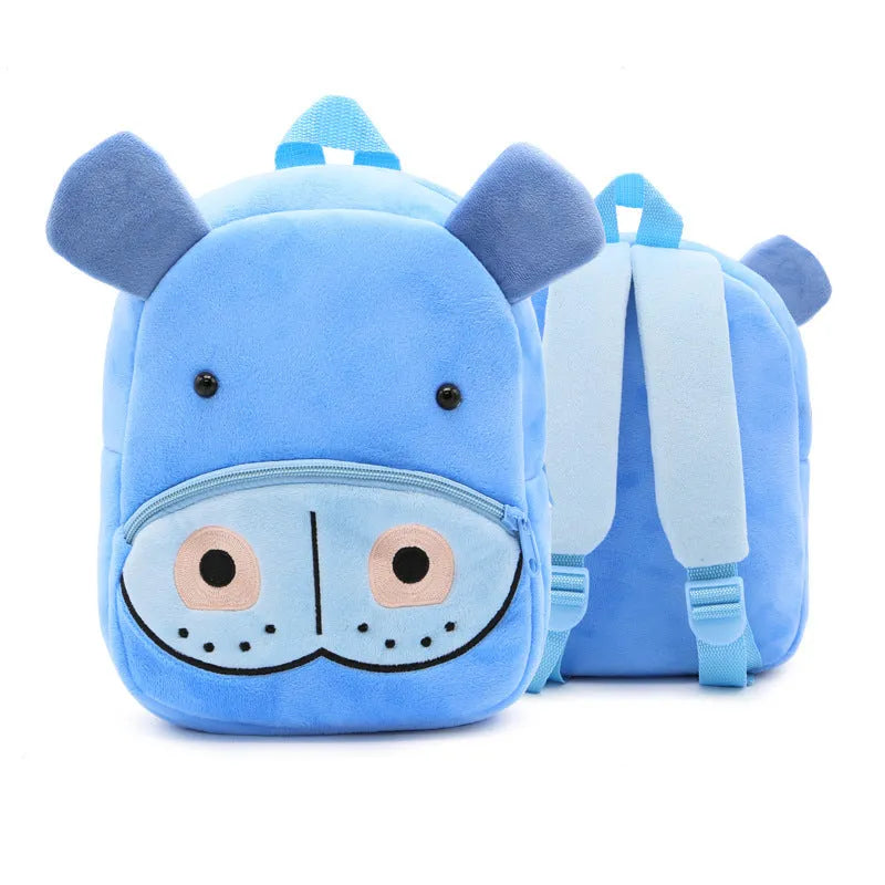 Children's plush animal backpack with elephant design showing dimensions and zipper opening