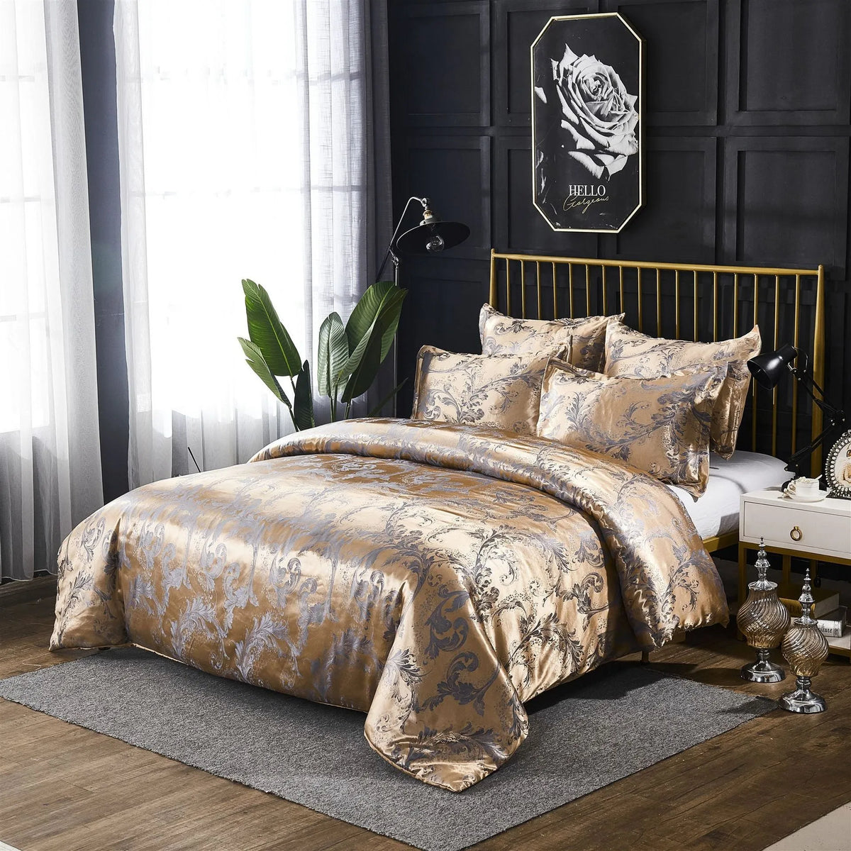 Three-piece polyester bedding set, reactive printed plain weave, sheet type, flower pattern in blue grey pink purple white