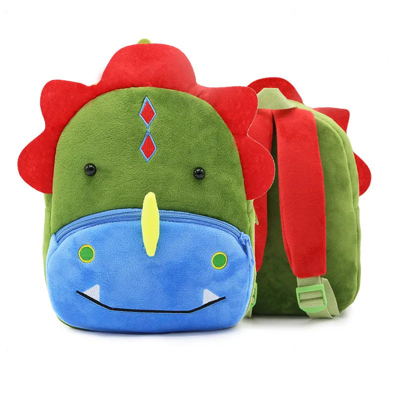 Children's plush animal backpack with elephant design showing dimensions and zipper opening