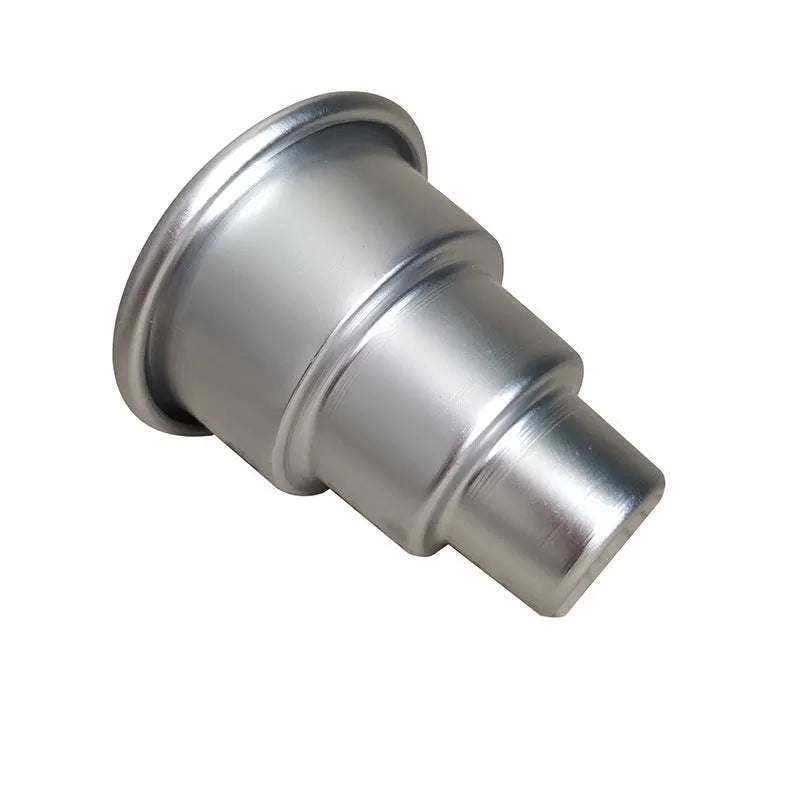 Silver aluminium alloy mini three-layer cake mould set showing large, medium, and small pudding cups.