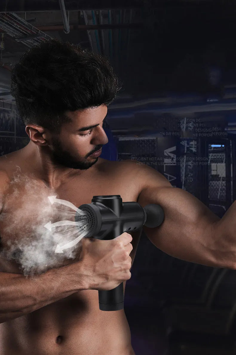 Black rechargeable percussion massage gun with 2000mAh battery and variable speed 1200-3300 rpm