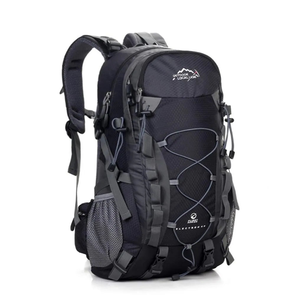 Green outdoor backpack with 32cm width shown alongside blue, black, and orange colour options for hiking and camping