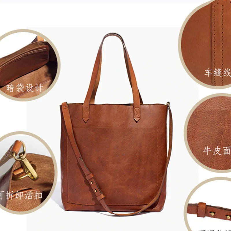 Medium genuine first layer cowhide leather tote bag square vertical shape double shoulder straps black brown