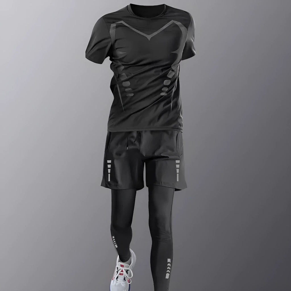 Quick-dry running gym clothes set with tight long sleeve T-shirt in chemical fibre blend, sizes M to 4XL.