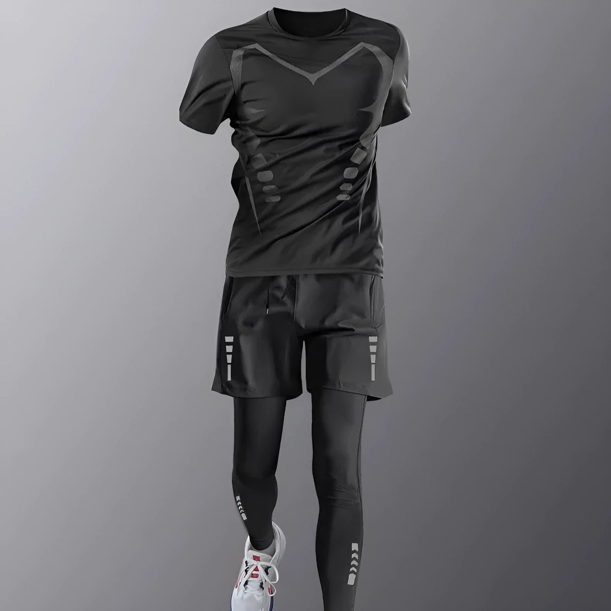 Quick-dry running gym clothes set with tight long sleeve T-shirt in chemical fibre blend, sizes M to 4XL.