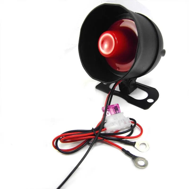 One-way silent car alarm with integrated host speaker and two remote controls for 12V DC vehicles