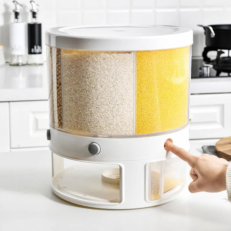 Transparent plastic rotatable food storage box with lid, 23.2 x 29cm, filled with rice