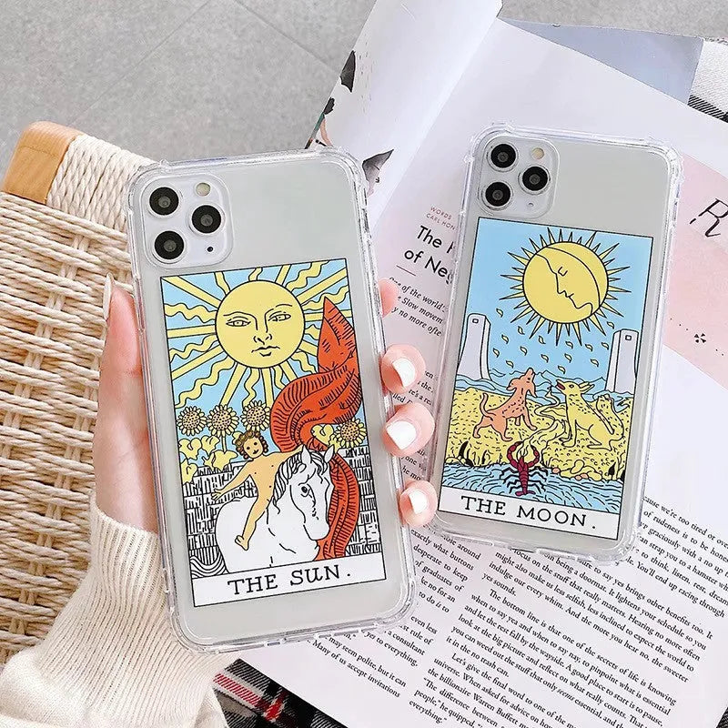 Retro cartoon graffiti design iPhone case showing sun and moon colour options on a silicone back cover.