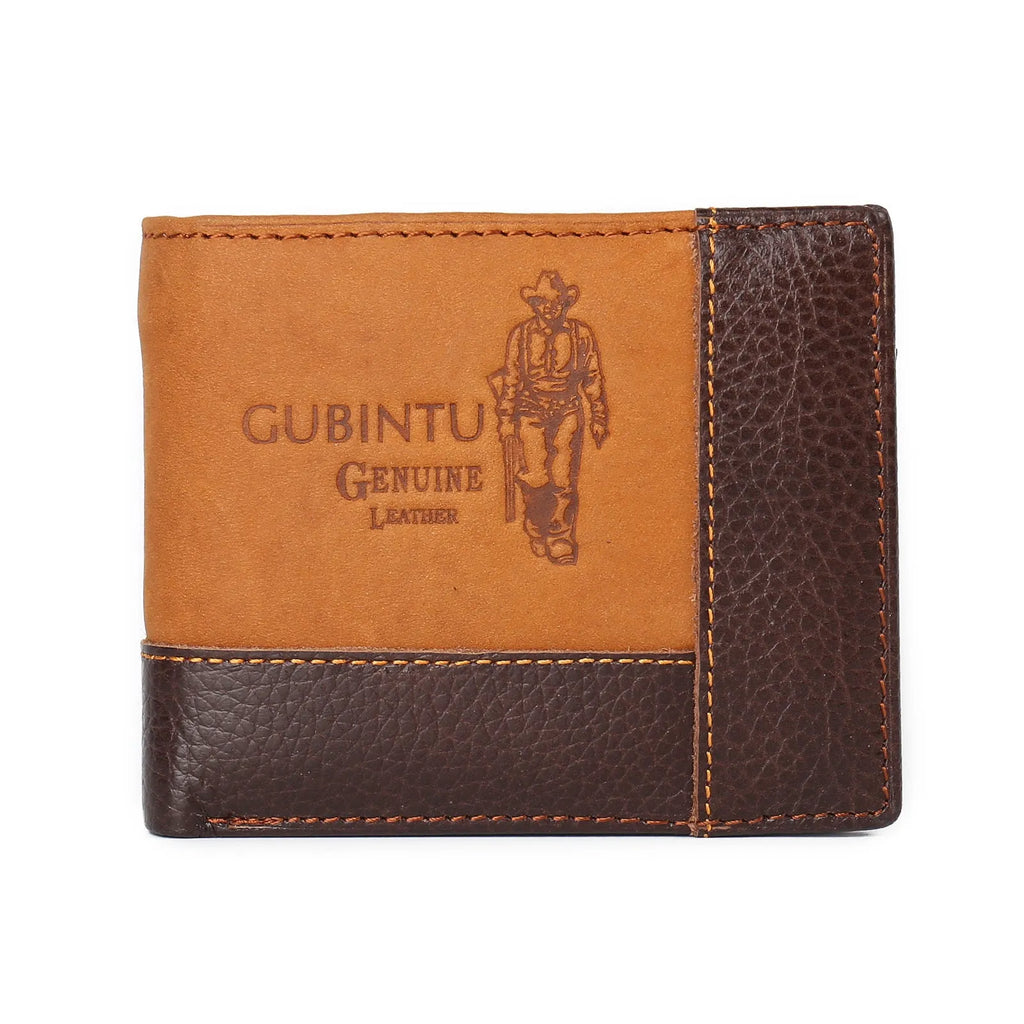 Men's soft cowhide leather square wallet open to show card slots, photo slot, bill holder, and zipper compartment.