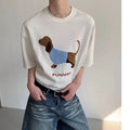 Men's grey cotton T-shirt with embroidered sausage dog design on the chest, short sleeves and round neck.