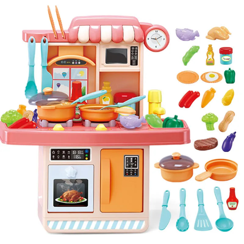 Pink 23-piece kids dishwasher pool play house kitchen set with electronic components and accessories