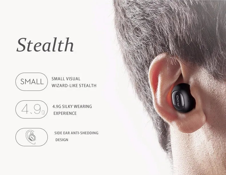 QCY Q26 black single-ear Bluetooth headset with microphone, USB cable and three earplugs