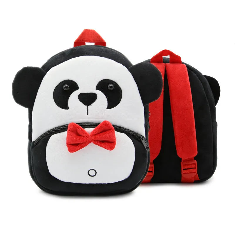 Children's plush animal backpack with elephant design showing dimensions and zipper opening