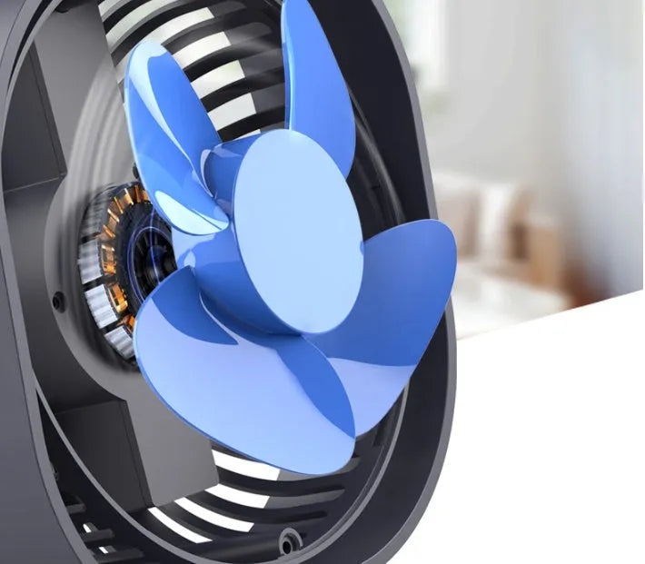 USB desk fan with alarm clock display, shown in blue with rotating head
