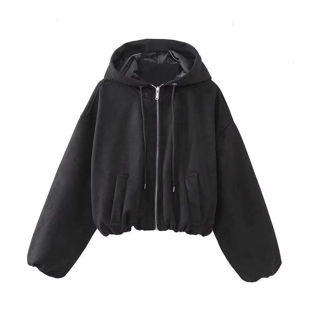 Women's casual hooded jacket in soft suede fabric, shown in black and white colour options.