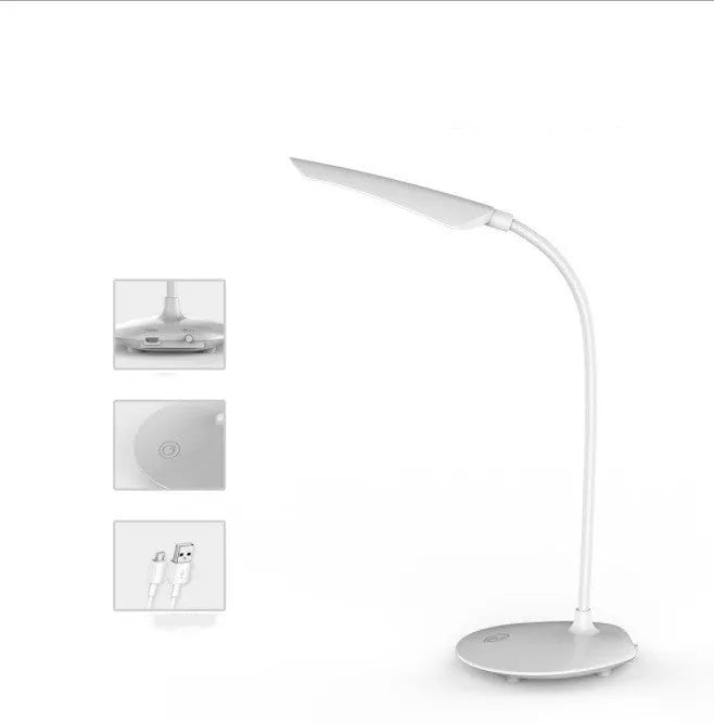 White LED desk lamp with USB charging cord and touch switch on a wooden desk