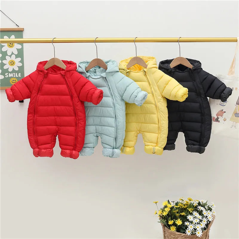 Cotton hooded zip-up baby romper in red, green, yellow, black, navy blue, or orange, sizes 70cm to 100cm
