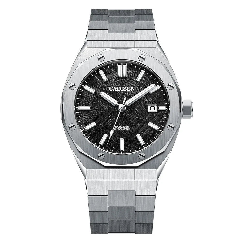 Men's NH35 mechanical watch with stainless steel strap, sapphire crystal glass, and grey meteorite dial, 100m water resistant