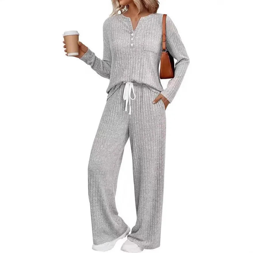 Women's striped V-neck knit casual coat with long sleeves and matching pants in light grey colour