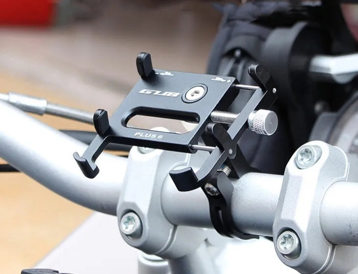 GUB Plus 6 aluminium motorcycle phone holder in black mounted on handlebars