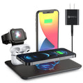 Black wireless charging station for phone, watch and headphones on desk