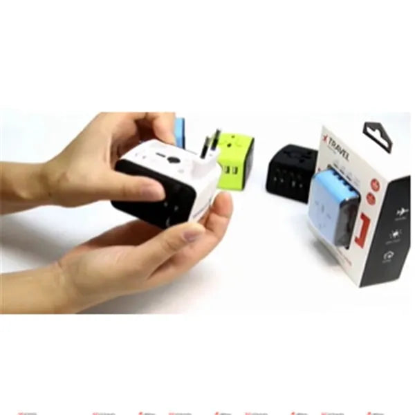 Multi-function universal travel adaptor socket with USB charging, PC shell, compact design, black colour