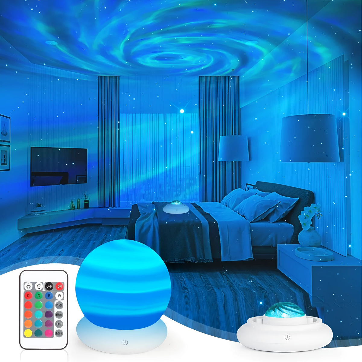 Northern lights projection lamp with remote control, showing aurora and flame effect, 3W, plug-in or rechargeable.