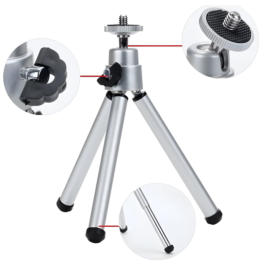Mini flexible aluminium tripod with ball head and separate phone clip on desktop