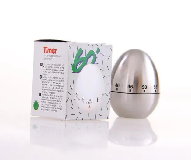 Stainless steel mechanical kitchen timer with egg shape measuring 7cm high