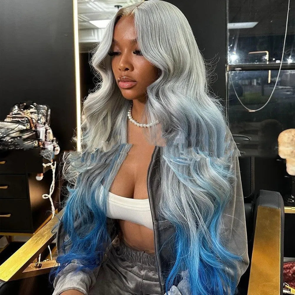 Grey-blue gradient human hair wig with Swiss lace front on display stand