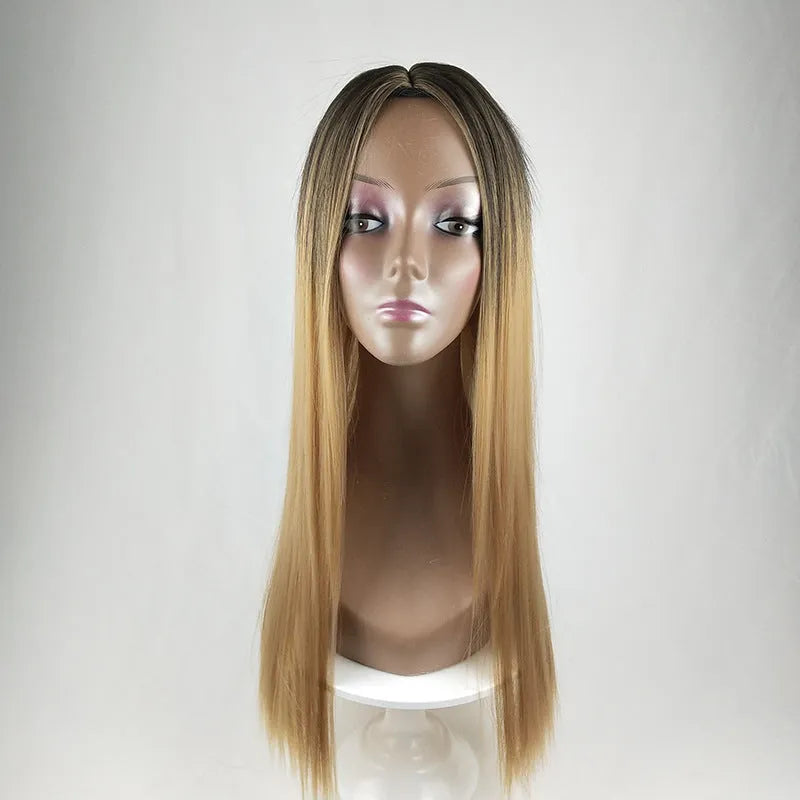 Long straight gradient fake hair wig with air bangs, high temperature silk, Korean style for women, gradient light pink colour