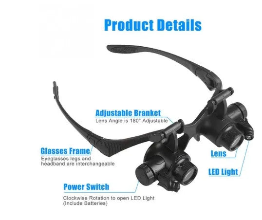 Black hands-free magnifying glasses with LED lights and multiple interchangeable lenses for precision repair work.