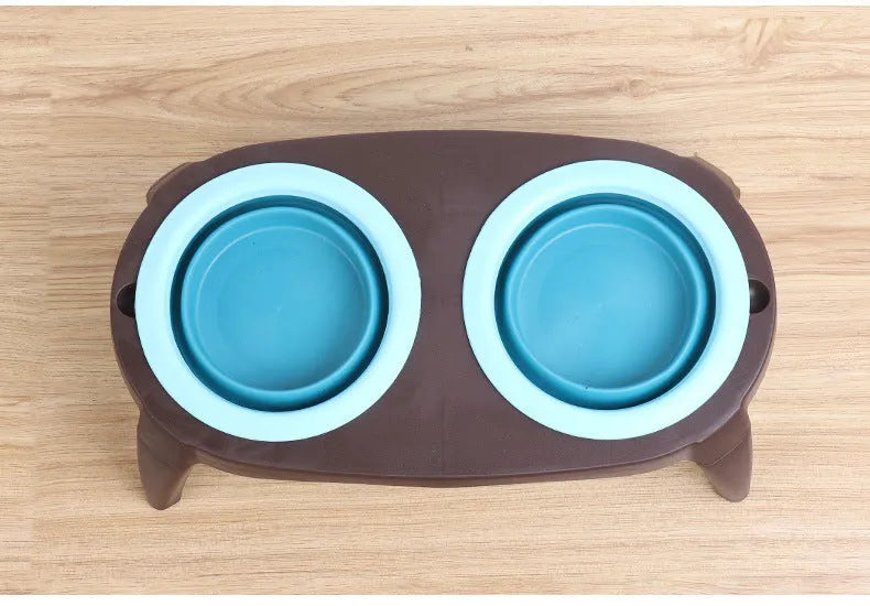 Grey folding pet double bowl made from PP and TPR with non-slip base, packed flat at 38.5 x 21.5 x 12.5 cm