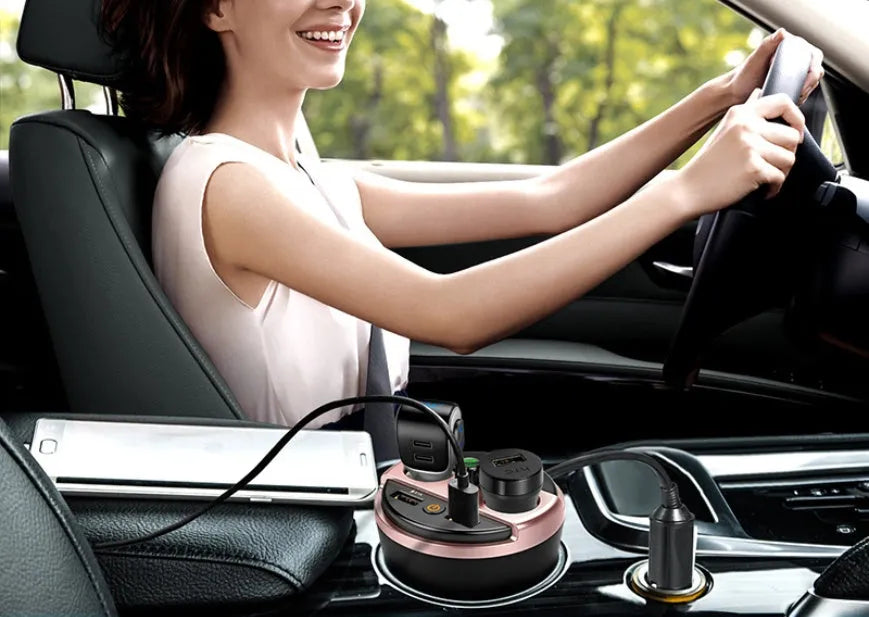 Cup holder Bluetooth car MP3 player FM transmitter with dual USB charging port in black