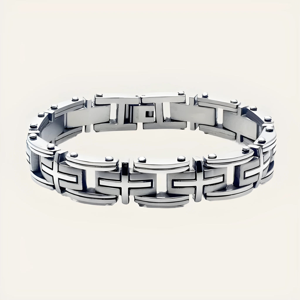 Men's titanium steel bracelet with polished geometric segment design in steel colour