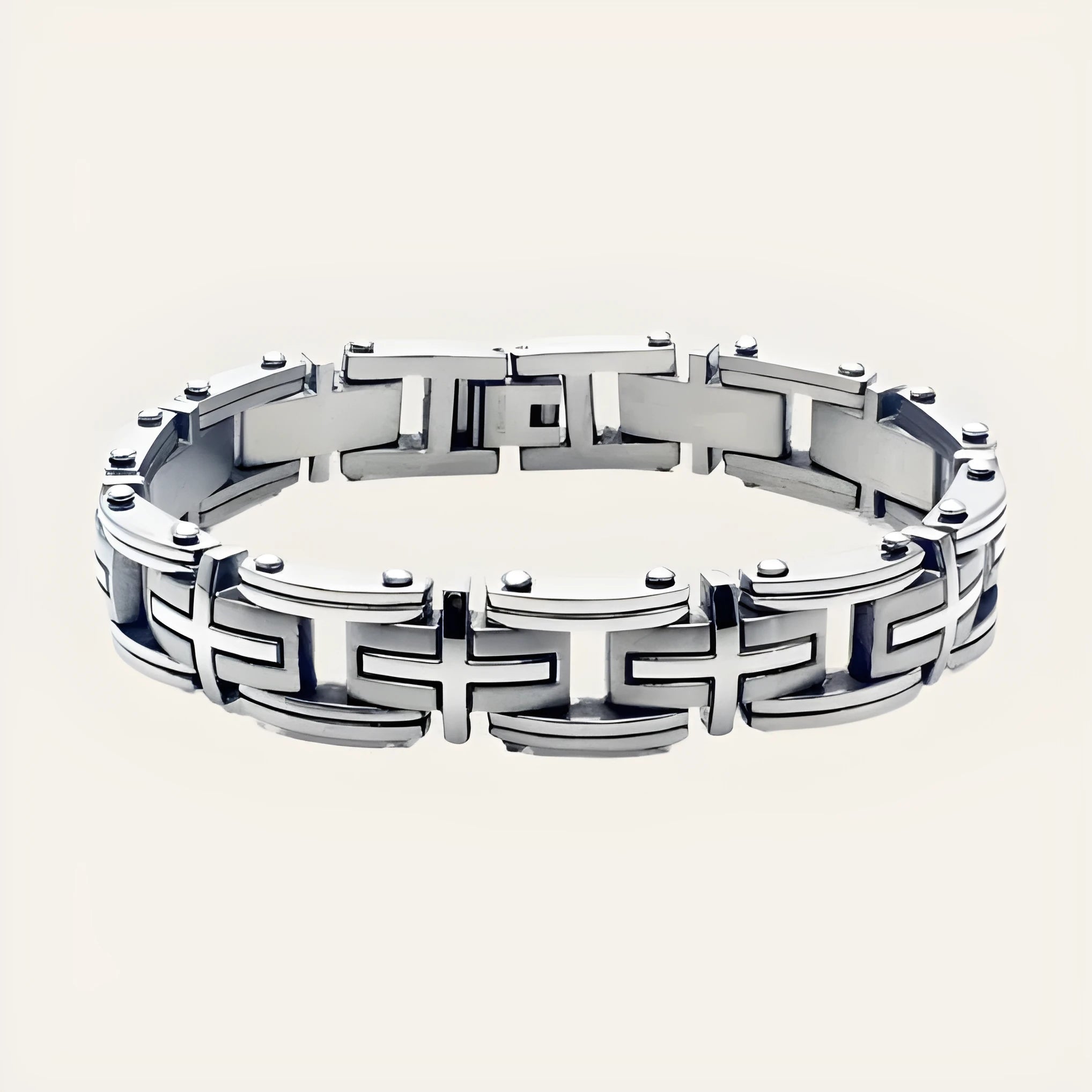 Men's titanium steel bracelet with polished geometric segment design in steel colour