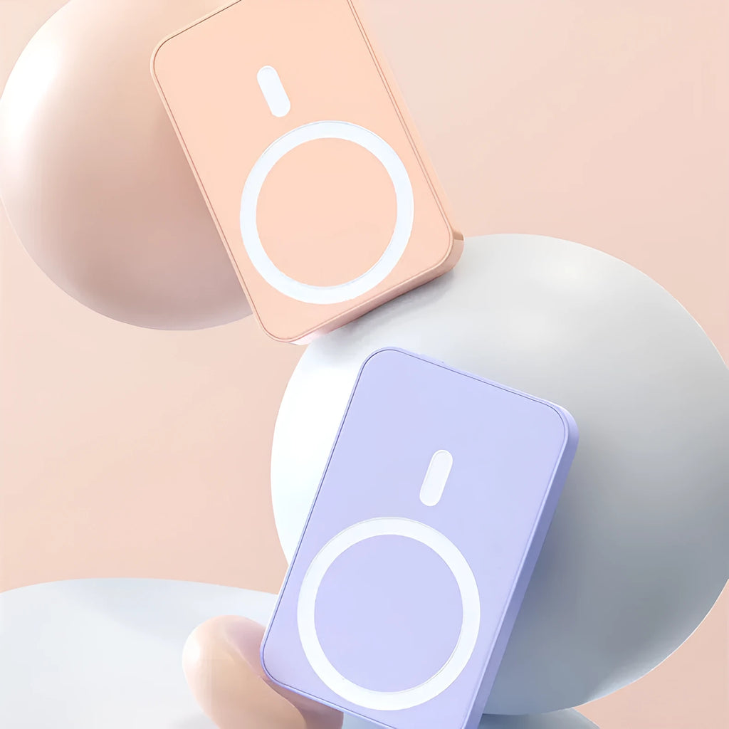 Wireless magnetic power bank with plastic shell in pink, purple or white showing 20000mAh capacity