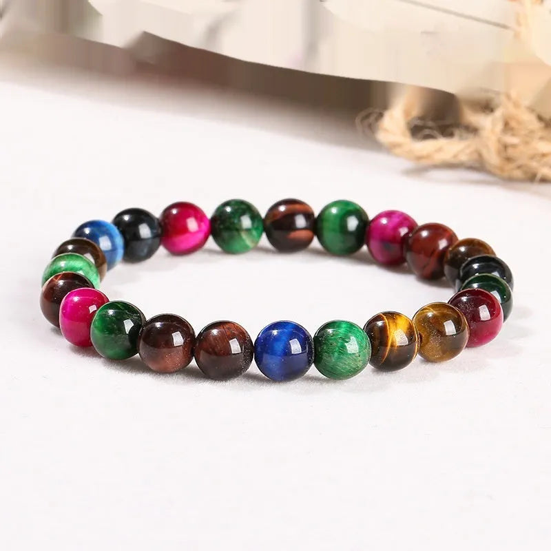 Colourful tiger-eye bracelet with 6mm 8mm 10mm 12mm round beads on mixed string