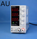 White adjustable DC power supply unit with voltage and current controls for electronics testing