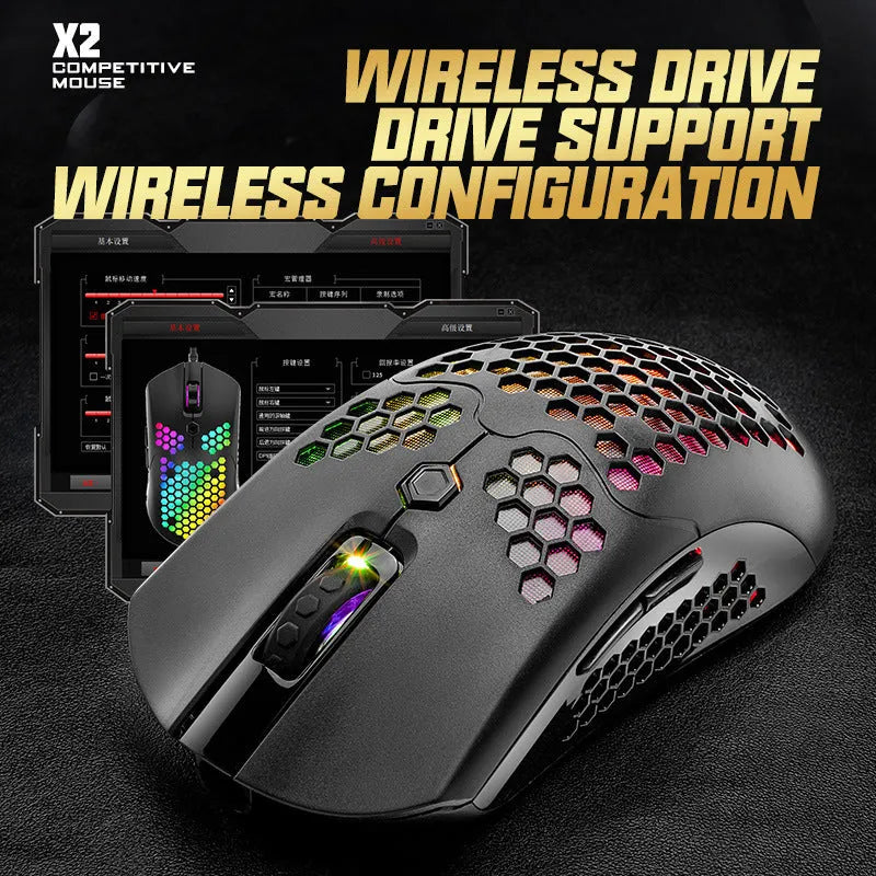 X2 wireless gaming mouse with RGB lighting in black, shown on a mouse pad.