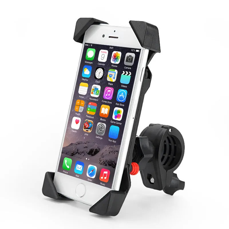 Black motorcycle phone holder mounted on handlebar with charging cable attached