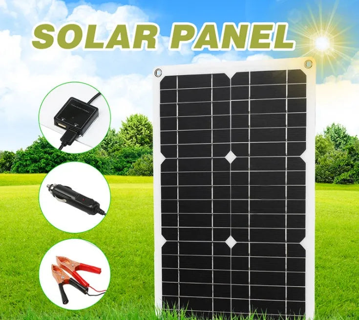 Black and white 180W monocrystalline solar panel with PET surface and ABS controller on a flat surface