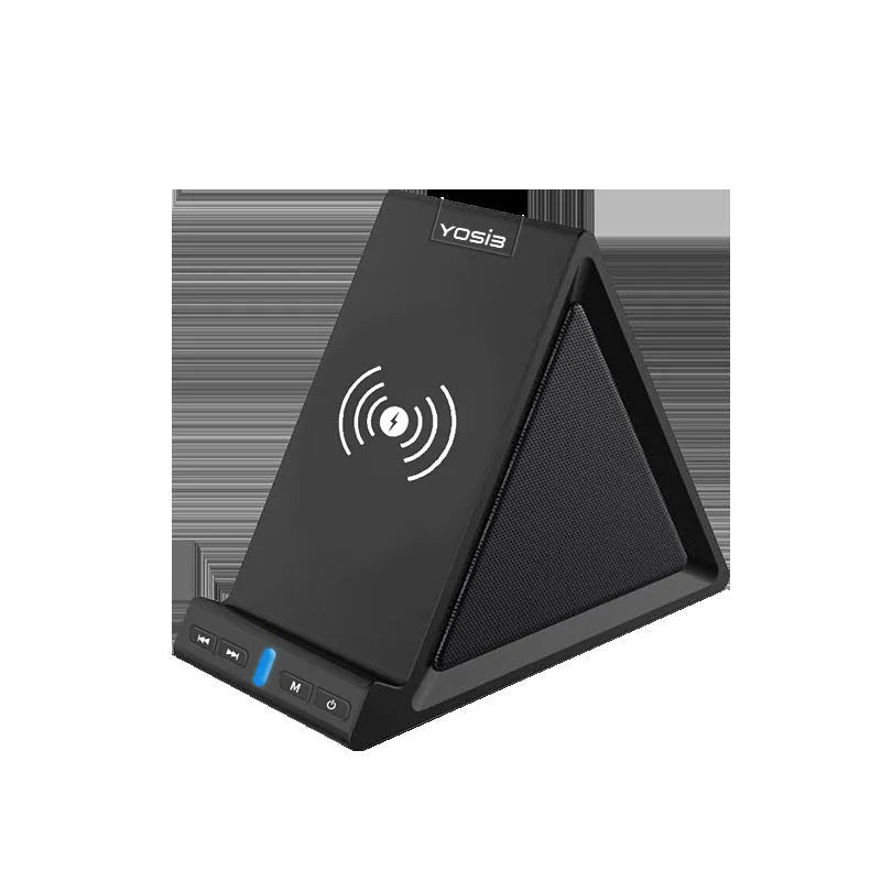 Black multifunctional Bluetooth speaker with integrated phone stand and wireless charging pad