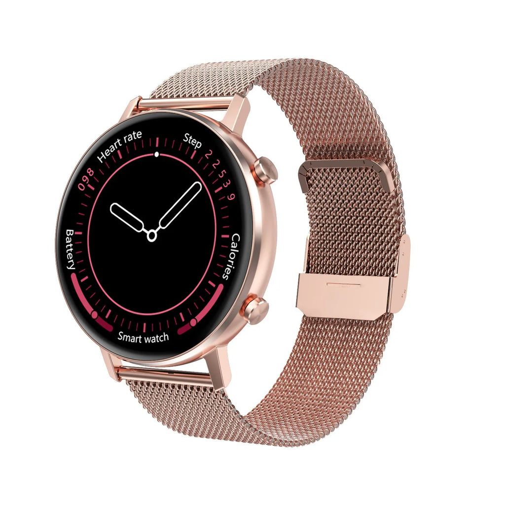 DT96 smart bracelet with metallic strap shown in black, rose gold, and silver colour options.