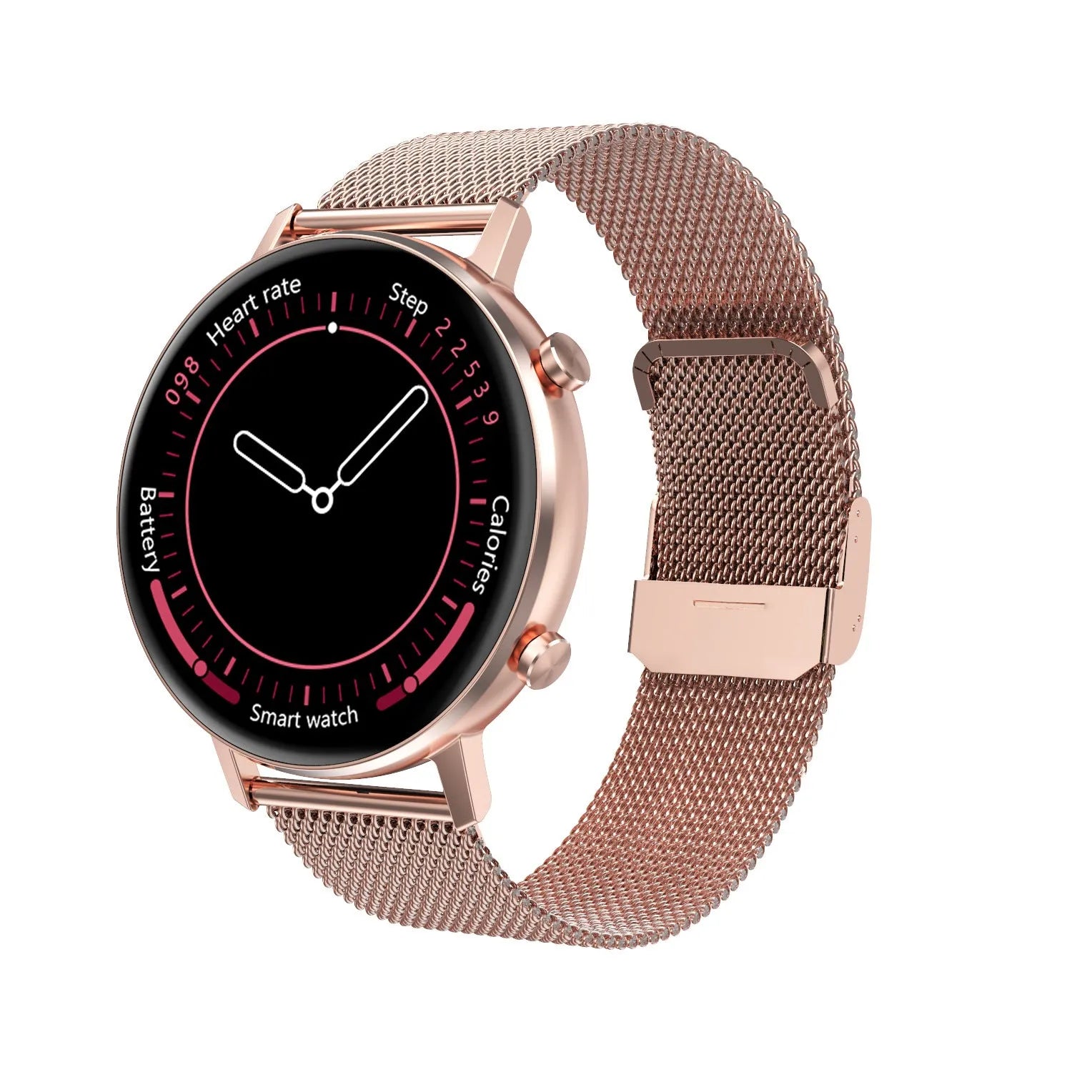 DT96 smart bracelet with metallic strap shown in black, rose gold, and silver colour options.