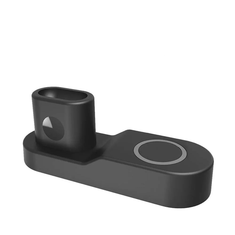 Black W3 wireless charging station showing iPhone, Apple Watch and AirPods case on charging pads.